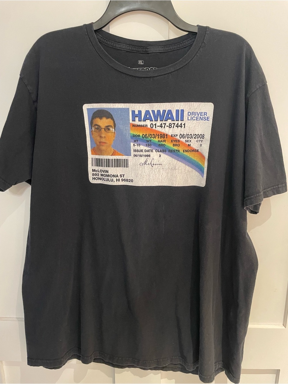 Superbad McLovin Black Graphic Tee with Hawaii License photo on front.